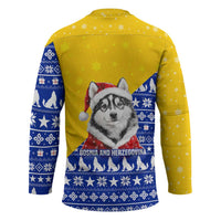 Bosnia and Herzegovina Christmas Hockey Jersey with Husky Dog Santa Hat and Blue Yellow Snowflake Pattern - Wonder Print Shop