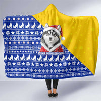 Bosnia and Herzegovina Christmas Hooded Blanket with Husky Dog Santa Hat and Blue Yellow Snowflake Pattern - Wonder Print Shop