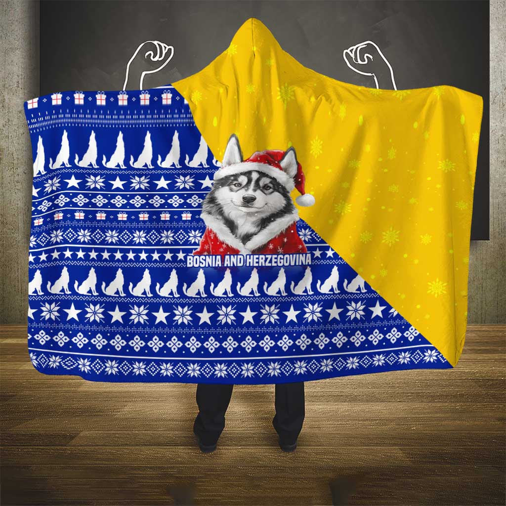 Bosnia and Herzegovina Christmas Hooded Blanket with Husky Dog Santa Hat and Blue Yellow Snowflake Pattern - Wonder Print Shop