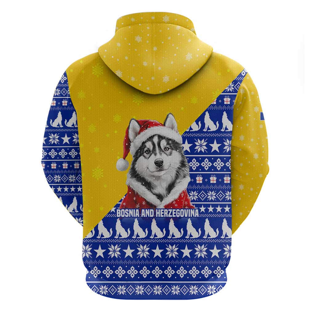 Bosnia and Herzegovina Christmas Hoodie with Husky Dog Santa Hat and Blue Yellow Snowflake Pattern - Wonder Print Shop