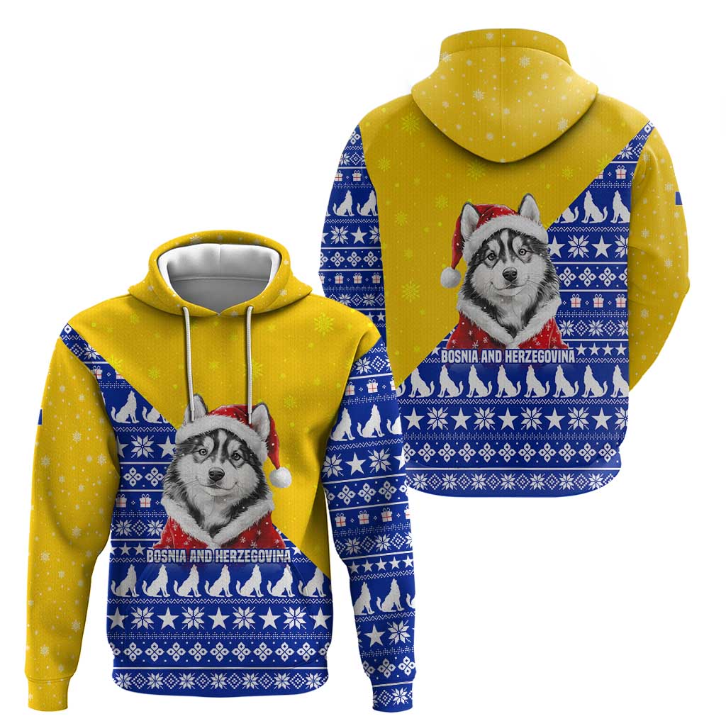 Bosnia and Herzegovina Christmas Hoodie with Husky Dog Santa Hat and Blue Yellow Snowflake Pattern - Wonder Print Shop