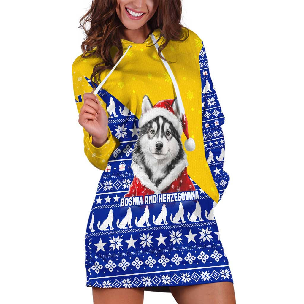 Bosnia and Herzegovina Christmas Hoodie Dress with Husky Dog Santa Hat and Blue Yellow Snowflake Pattern - Wonder Print Shop