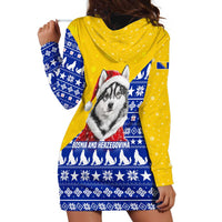 Bosnia and Herzegovina Christmas Hoodie Dress with Husky Dog Santa Hat and Blue Yellow Snowflake Pattern - Wonder Print Shop