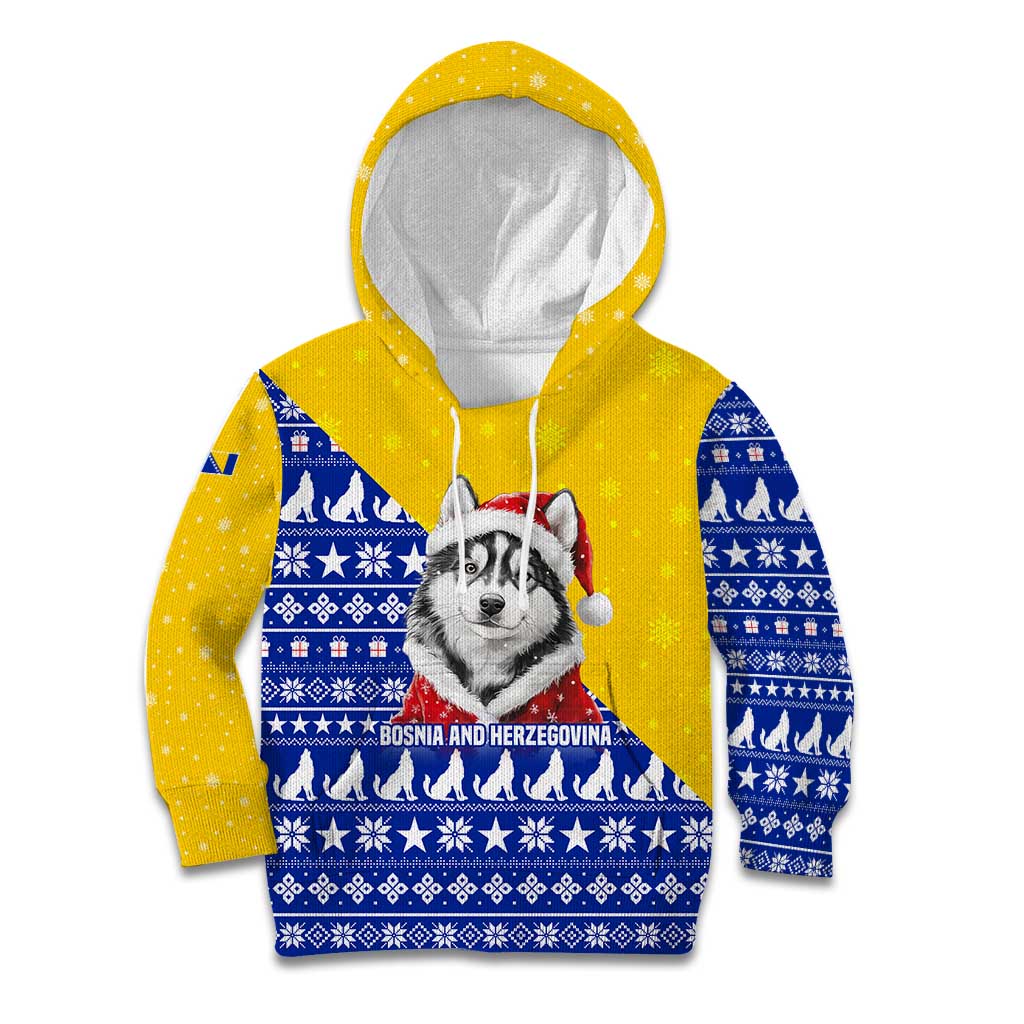 Bosnia and Herzegovina Christmas Kid Hoodie with Husky Dog Santa Hat and Blue Yellow Snowflake Pattern - Wonder Print Shop