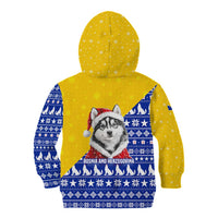 Bosnia and Herzegovina Christmas Kid Hoodie with Husky Dog Santa Hat and Blue Yellow Snowflake Pattern - Wonder Print Shop