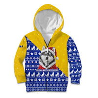 Bosnia and Herzegovina Christmas Kid Hoodie with Husky Dog Santa Hat and Blue Yellow Snowflake Pattern - Wonder Print Shop