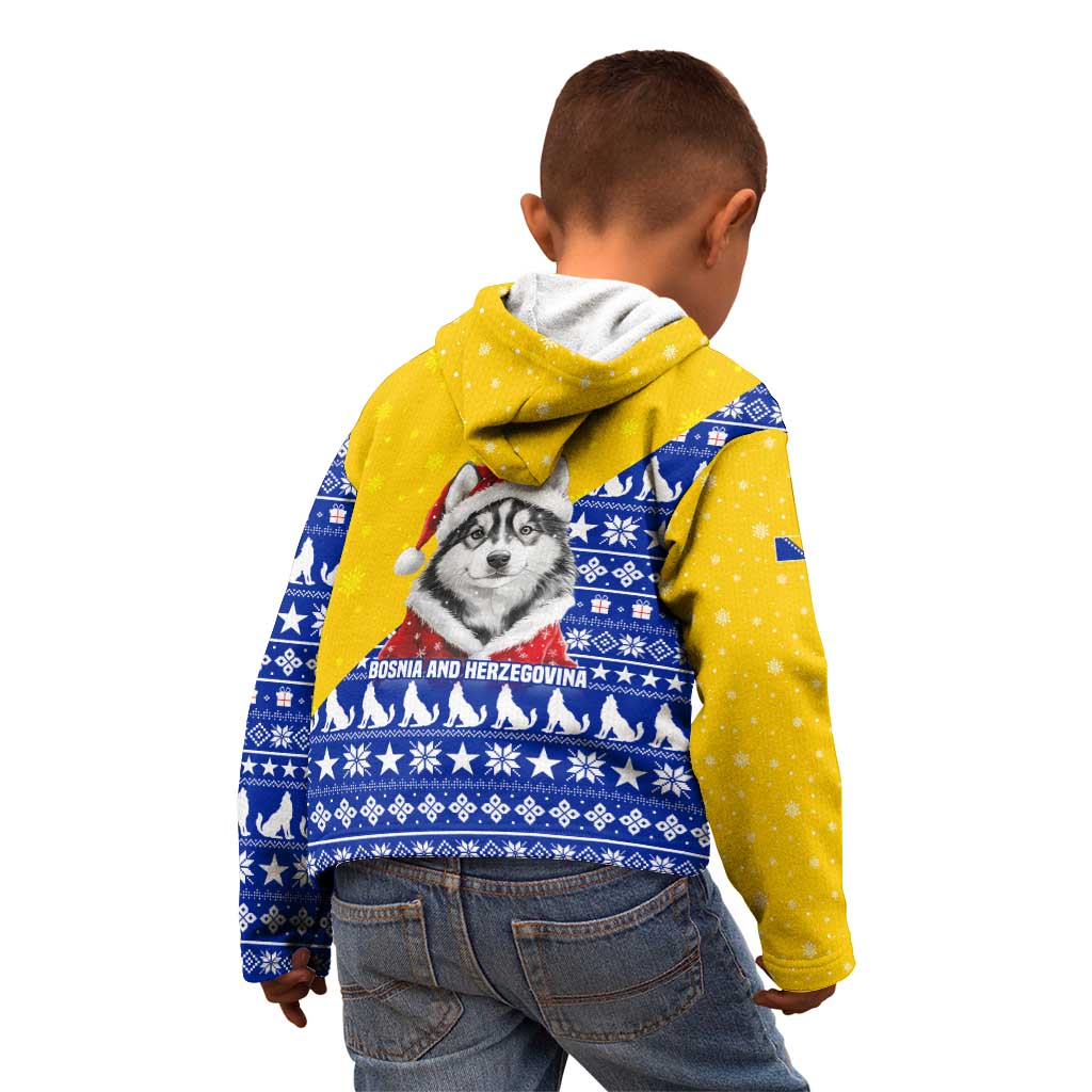 Bosnia and Herzegovina Christmas Kid Hoodie with Husky Dog Santa Hat and Blue Yellow Snowflake Pattern - Wonder Print Shop