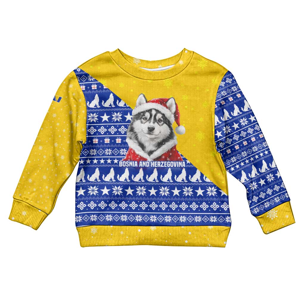 Bosnia and Herzegovina Christmas Kid Ugly Christmas Sweater with Husky Dog Santa Hat and Blue Yellow Snowflake Pattern - Wonder Print Shop