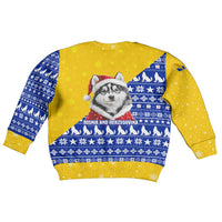 Bosnia and Herzegovina Christmas Kid Ugly Christmas Sweater with Husky Dog Santa Hat and Blue Yellow Snowflake Pattern - Wonder Print Shop