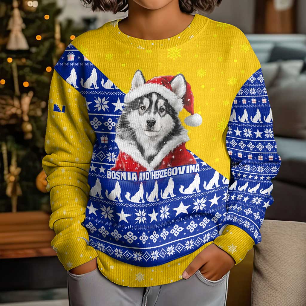 Bosnia and Herzegovina Christmas Kid Ugly Christmas Sweater with Husky Dog Santa Hat and Blue Yellow Snowflake Pattern - Wonder Print Shop