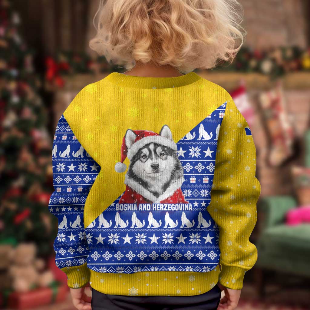 Bosnia and Herzegovina Christmas Kid Ugly Christmas Sweater with Husky Dog Santa Hat and Blue Yellow Snowflake Pattern - Wonder Print Shop