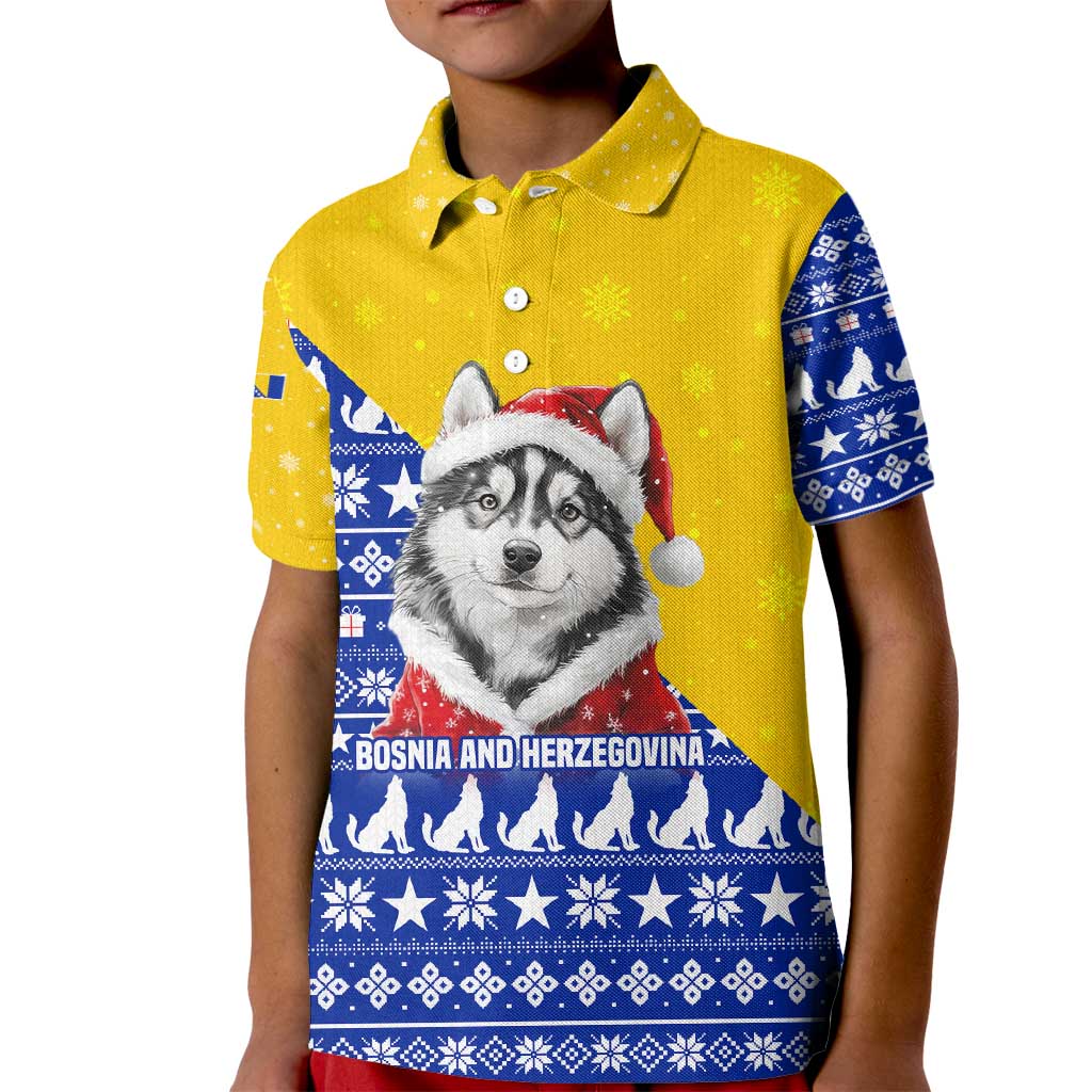 Bosnia and Herzegovina Christmas Kid Polo Shirt with Husky Dog Santa Hat and Blue Yellow Snowflake Pattern - Wonder Print Shop