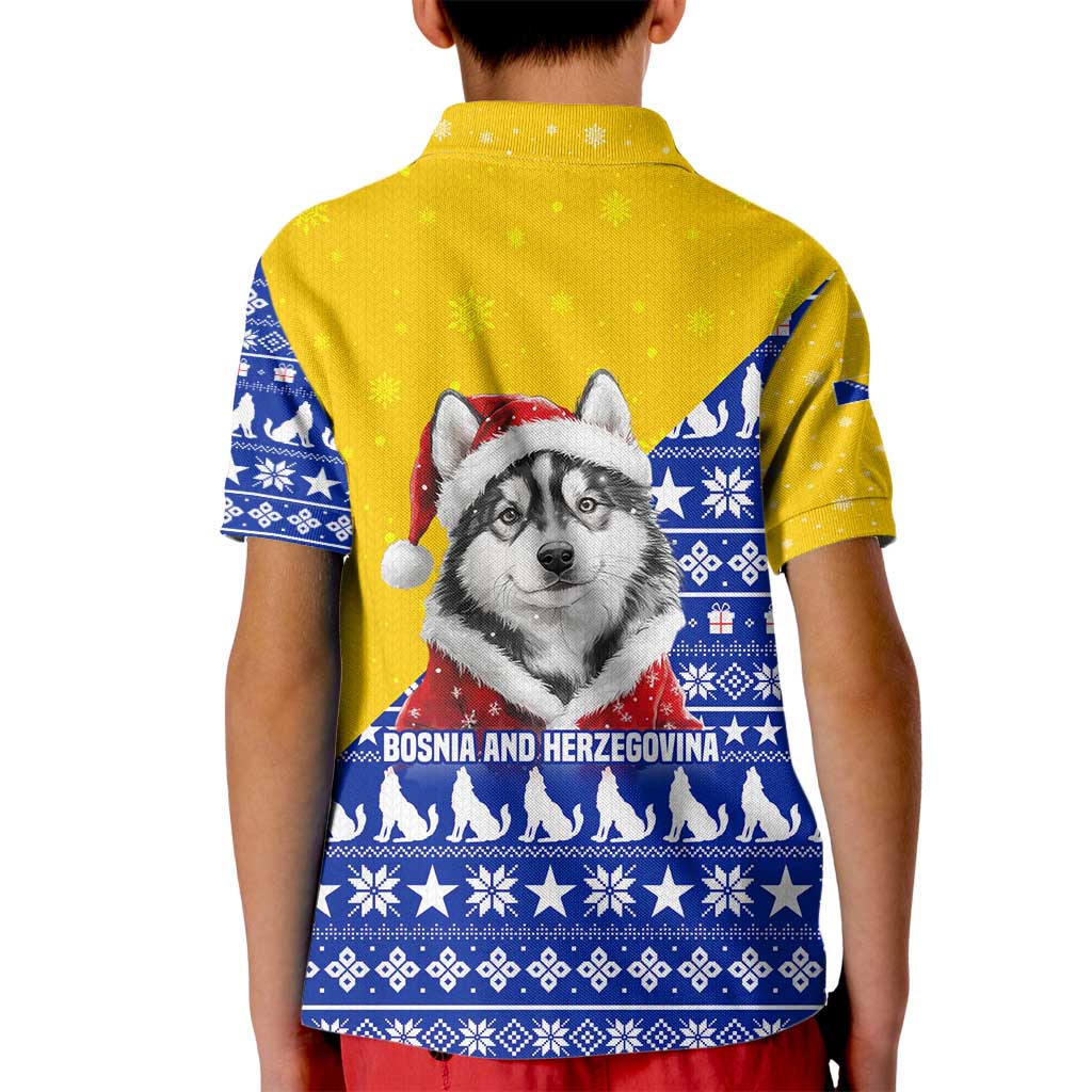 Bosnia and Herzegovina Christmas Kid Polo Shirt with Husky Dog Santa Hat and Blue Yellow Snowflake Pattern - Wonder Print Shop