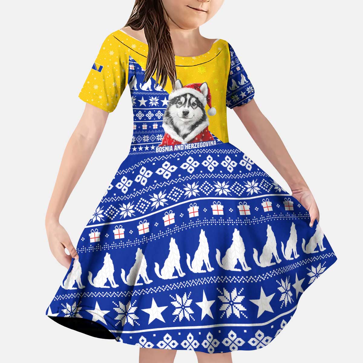 Bosnia and Herzegovina Christmas Kid Short Sleeve Dress with Husky Dog Santa Hat and Blue Yellow Snowflake Pattern - Wonder Print Shop