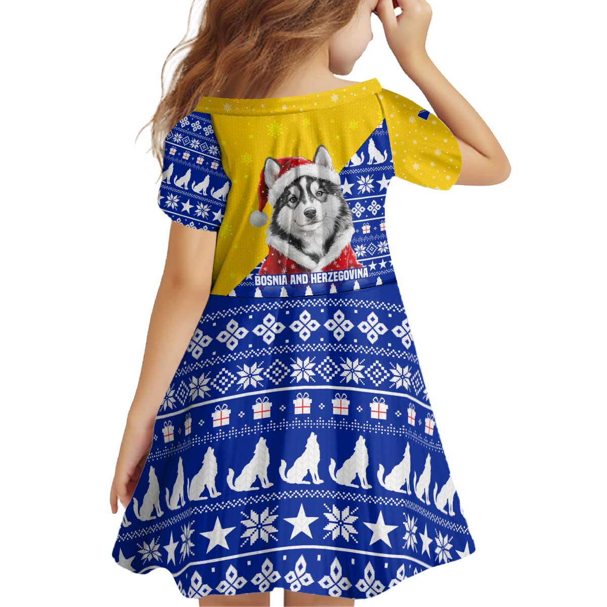 Bosnia and Herzegovina Christmas Kid Short Sleeve Dress with Husky Dog Santa Hat and Blue Yellow Snowflake Pattern - Wonder Print Shop