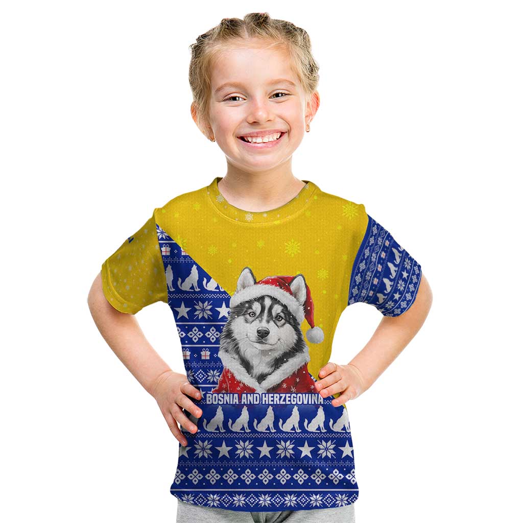 Bosnia and Herzegovina Christmas Kid T Shirt with Husky Dog Santa Hat and Blue Yellow Snowflake Pattern - Wonder Print Shop