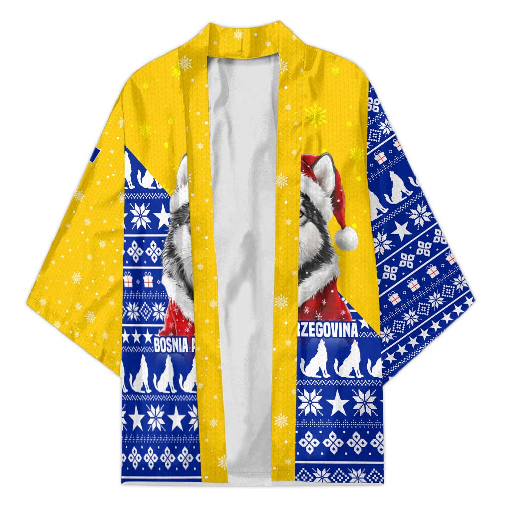 Bosnia and Herzegovina Christmas Kimono with Husky Dog Santa Hat and Blue Yellow Snowflake Pattern - Wonder Print Shop