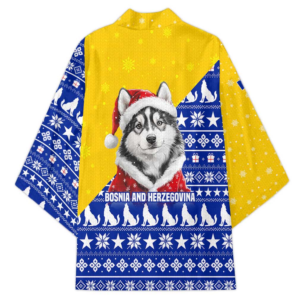 Bosnia and Herzegovina Christmas Kimono with Husky Dog Santa Hat and Blue Yellow Snowflake Pattern - Wonder Print Shop