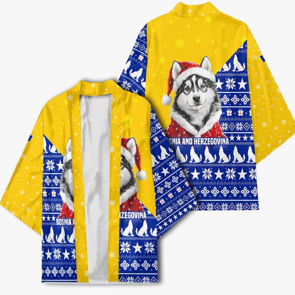 Bosnia and Herzegovina Christmas Kimono with Husky Dog Santa Hat and Blue Yellow Snowflake Pattern - Wonder Print Shop