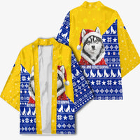 Bosnia and Herzegovina Christmas Kimono with Husky Dog Santa Hat and Blue Yellow Snowflake Pattern - Wonder Print Shop