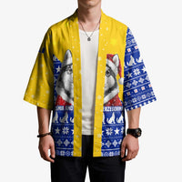 Bosnia and Herzegovina Christmas Kimono with Husky Dog Santa Hat and Blue Yellow Snowflake Pattern - Wonder Print Shop