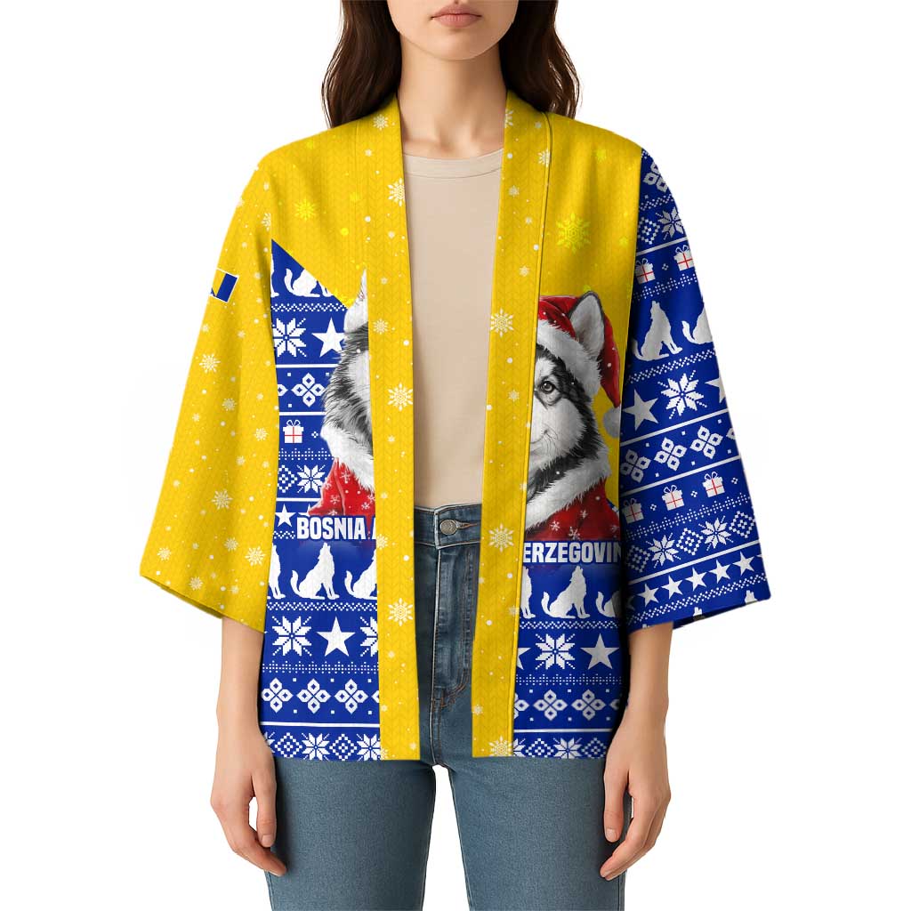 Bosnia and Herzegovina Christmas Kimono with Husky Dog Santa Hat and Blue Yellow Snowflake Pattern - Wonder Print Shop