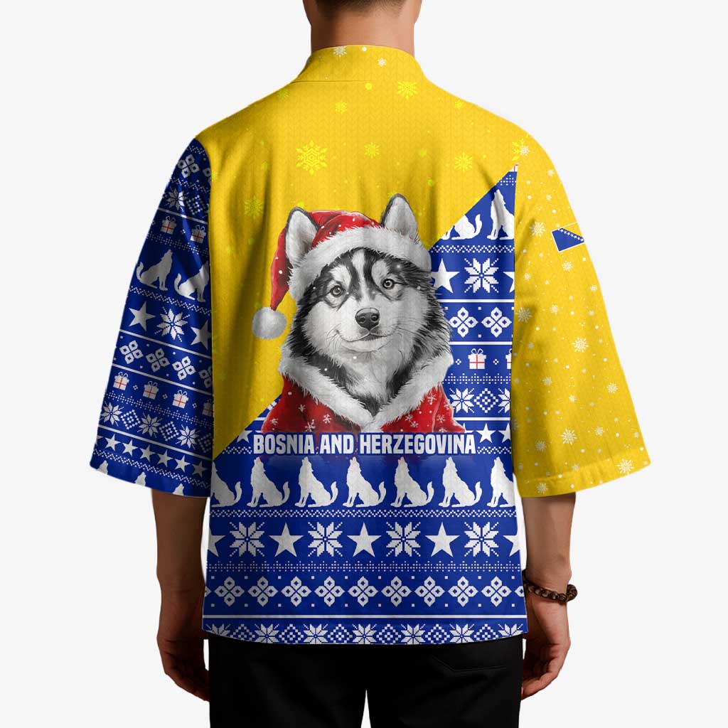 Bosnia and Herzegovina Christmas Kimono with Husky Dog Santa Hat and Blue Yellow Snowflake Pattern - Wonder Print Shop