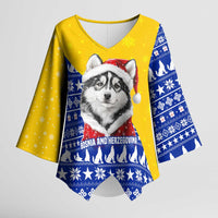 Bosnia and Herzegovina Christmas Kimono Sleeve Blouse with Husky Dog Santa Hat and Blue Yellow Snowflake Pattern - Wonder Print Shop