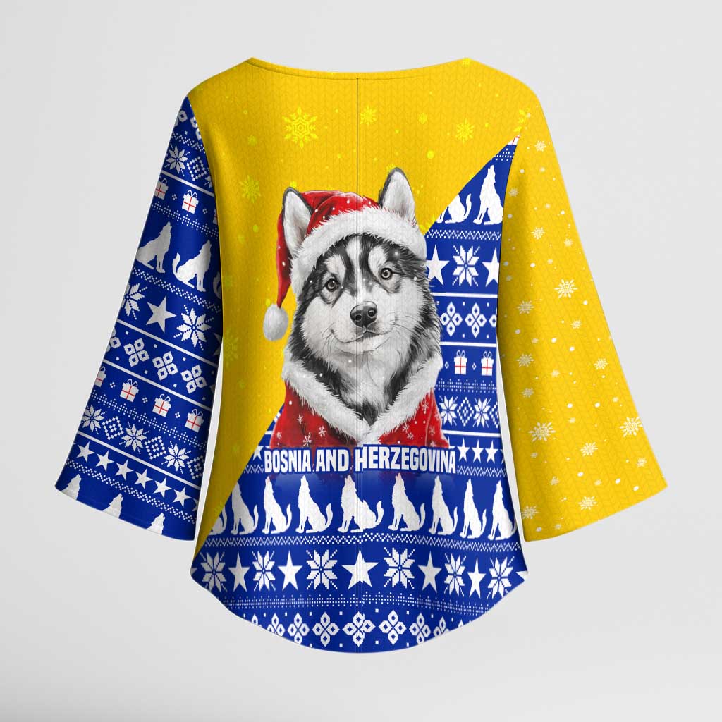 Bosnia and Herzegovina Christmas Kimono Sleeve Blouse with Husky Dog Santa Hat and Blue Yellow Snowflake Pattern - Wonder Print Shop