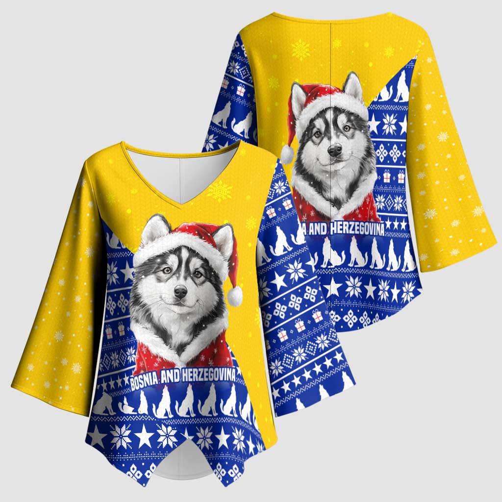 Bosnia and Herzegovina Christmas Kimono Sleeve Blouse with Husky Dog Santa Hat and Blue Yellow Snowflake Pattern - Wonder Print Shop