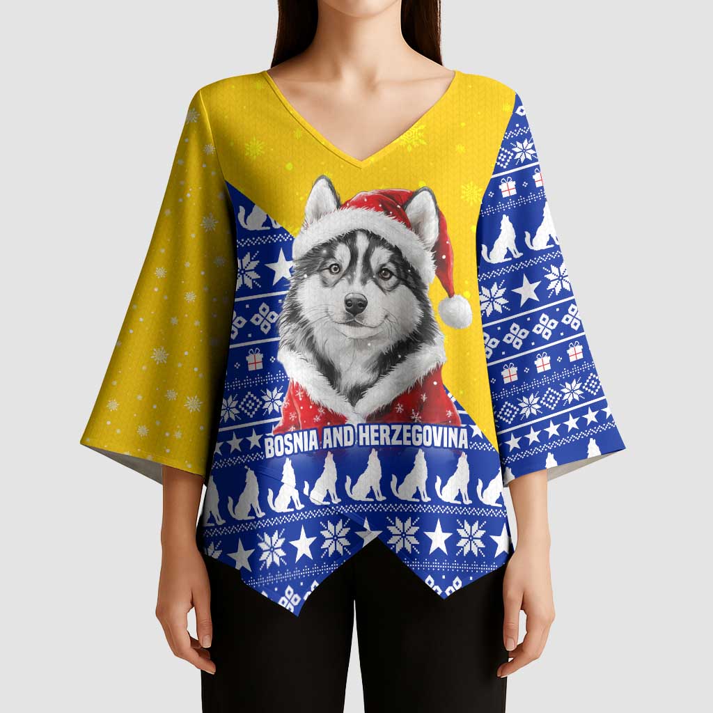 Bosnia and Herzegovina Christmas Kimono Sleeve Blouse with Husky Dog Santa Hat and Blue Yellow Snowflake Pattern - Wonder Print Shop