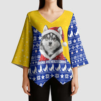 Bosnia and Herzegovina Christmas Kimono Sleeve Blouse with Husky Dog Santa Hat and Blue Yellow Snowflake Pattern - Wonder Print Shop