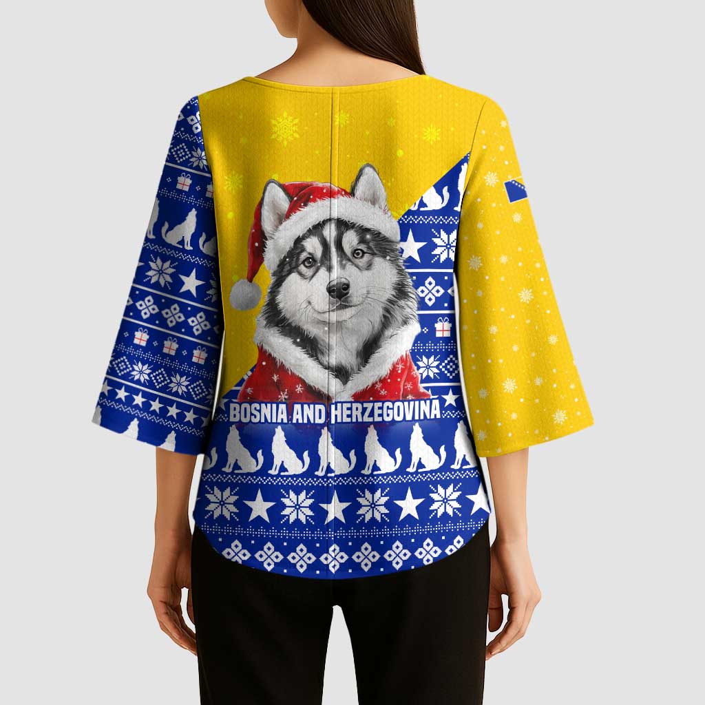 Bosnia and Herzegovina Christmas Kimono Sleeve Blouse with Husky Dog Santa Hat and Blue Yellow Snowflake Pattern - Wonder Print Shop