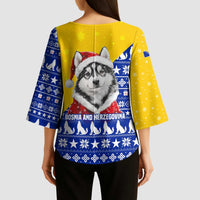 Bosnia and Herzegovina Christmas Kimono Sleeve Blouse with Husky Dog Santa Hat and Blue Yellow Snowflake Pattern - Wonder Print Shop
