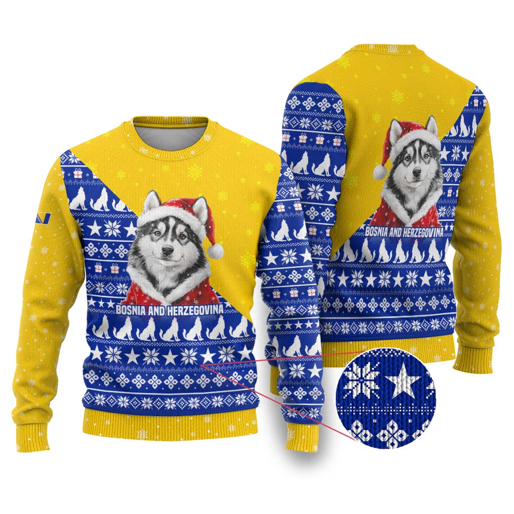 Bosnia and Herzegovina Christmas Ugly Christmas Sweater with Husky Dog Santa Hat and Blue Yellow Snowflake Pattern - Wonder Print Shop