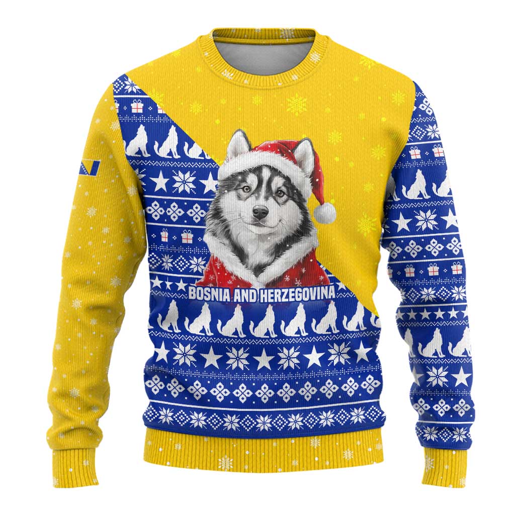 Bosnia and Herzegovina Christmas Ugly Christmas Sweater with Husky Dog Santa Hat and Blue Yellow Snowflake Pattern - Wonder Print Shop