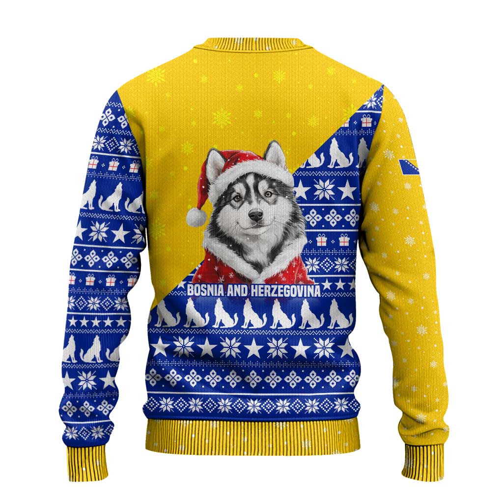 Bosnia and Herzegovina Christmas Ugly Christmas Sweater with Husky Dog Santa Hat and Blue Yellow Snowflake Pattern - Wonder Print Shop