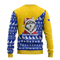 Bosnia and Herzegovina Christmas Ugly Christmas Sweater with Husky Dog Santa Hat and Blue Yellow Snowflake Pattern - Wonder Print Shop