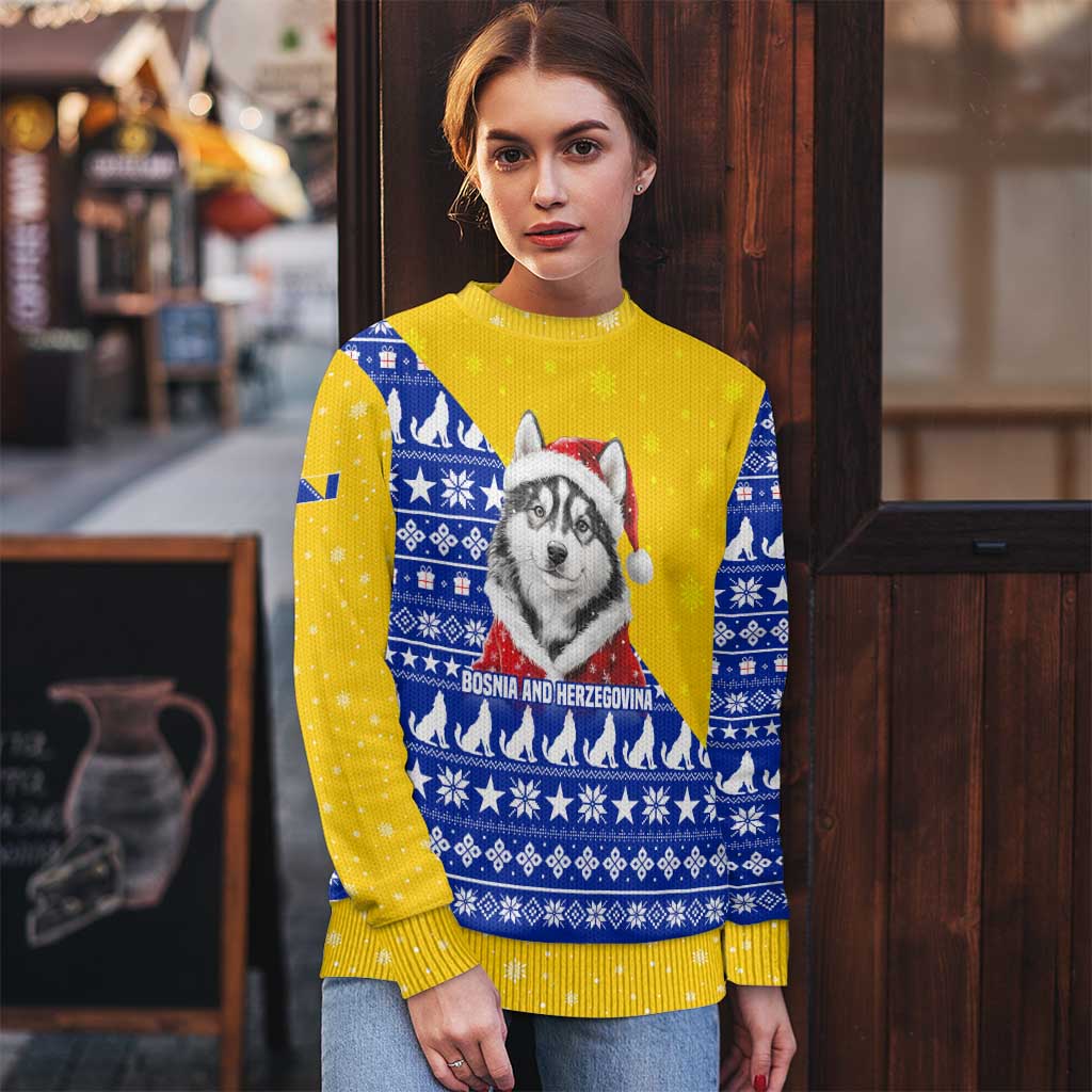 Bosnia and Herzegovina Christmas Ugly Christmas Sweater with Husky Dog Santa Hat and Blue Yellow Snowflake Pattern - Wonder Print Shop