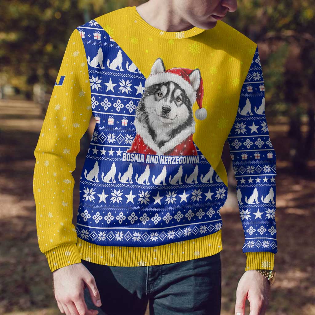 Bosnia and Herzegovina Christmas Ugly Christmas Sweater with Husky Dog Santa Hat and Blue Yellow Snowflake Pattern - Wonder Print Shop