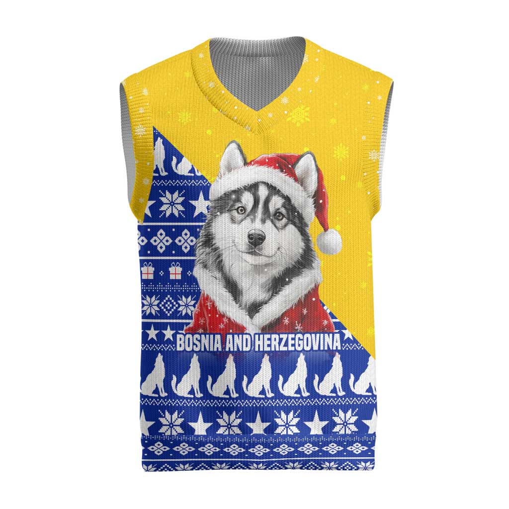 Bosnia and Herzegovina Christmas Knitted V-Neck Vest with Husky Dog Santa Hat and Blue Yellow Snowflake Pattern - Wonder Print Shop