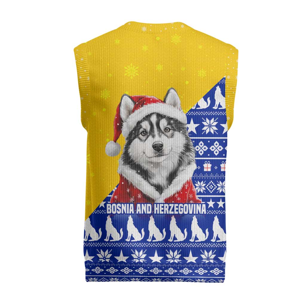 Bosnia and Herzegovina Christmas Knitted V-Neck Vest with Husky Dog Santa Hat and Blue Yellow Snowflake Pattern - Wonder Print Shop