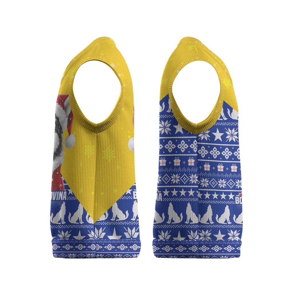 Bosnia and Herzegovina Christmas Knitted V-Neck Vest with Husky Dog Santa Hat and Blue Yellow Snowflake Pattern - Wonder Print Shop