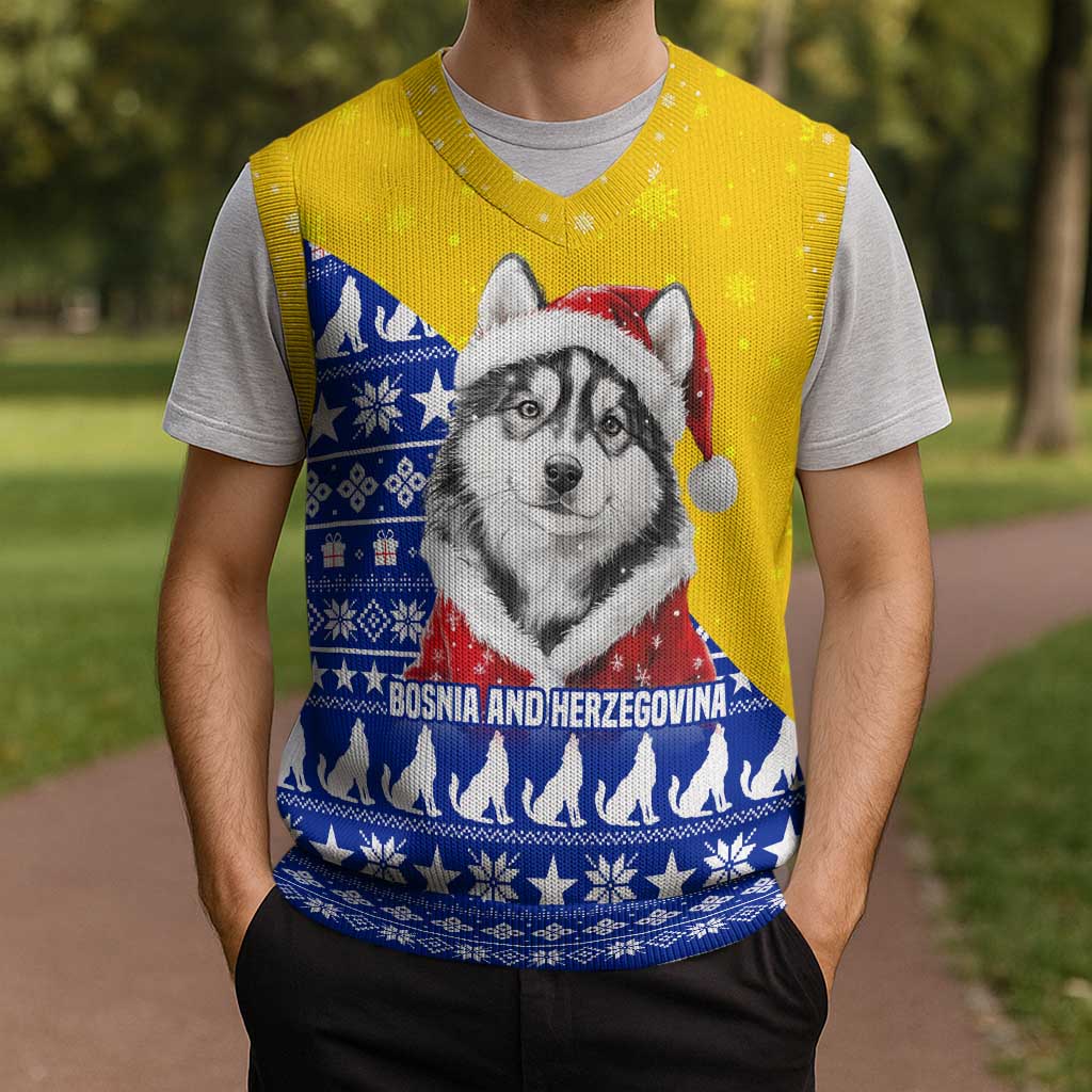 Bosnia and Herzegovina Christmas Knitted V-Neck Vest with Husky Dog Santa Hat and Blue Yellow Snowflake Pattern - Wonder Print Shop