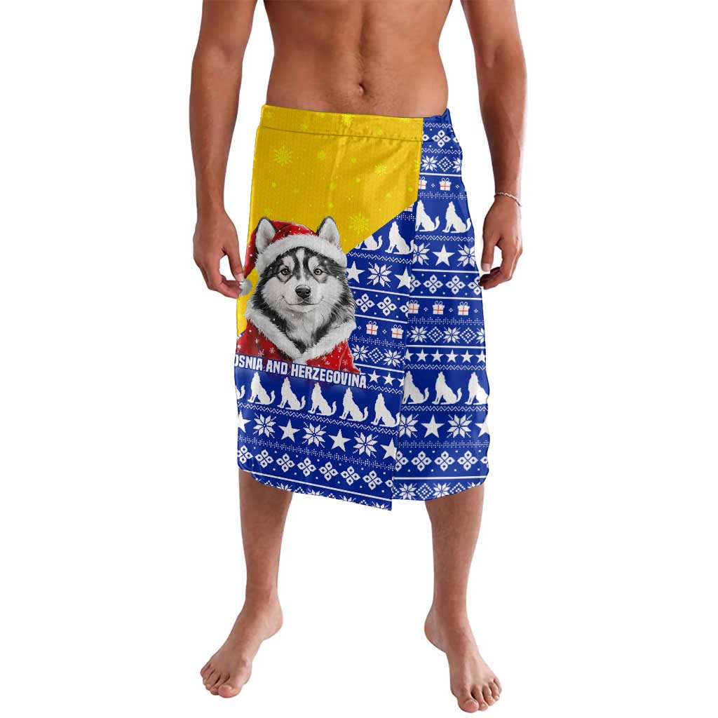 Bosnia and Herzegovina Christmas Lavalava with Husky Dog Santa Hat and Blue Yellow Snowflake Pattern - Wonder Print Shop