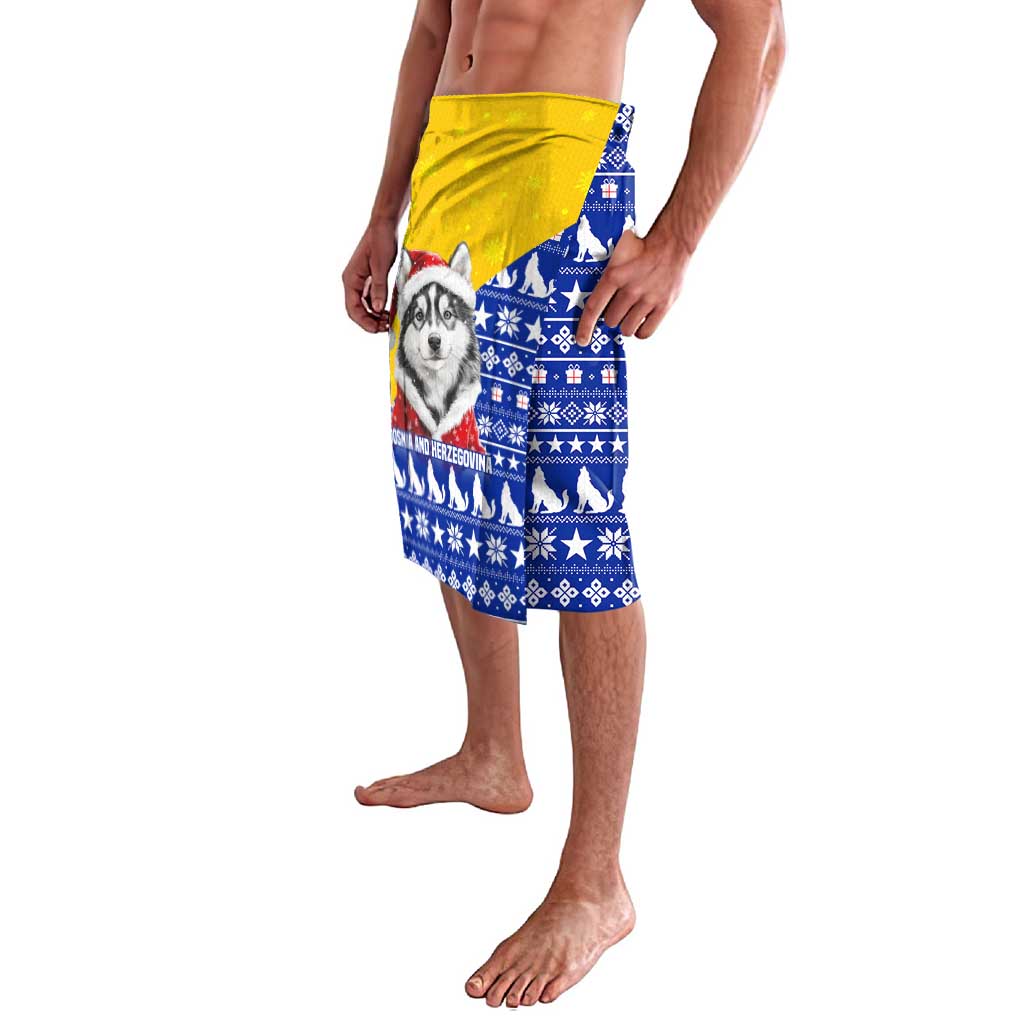 Bosnia and Herzegovina Christmas Lavalava with Husky Dog Santa Hat and Blue Yellow Snowflake Pattern - Wonder Print Shop