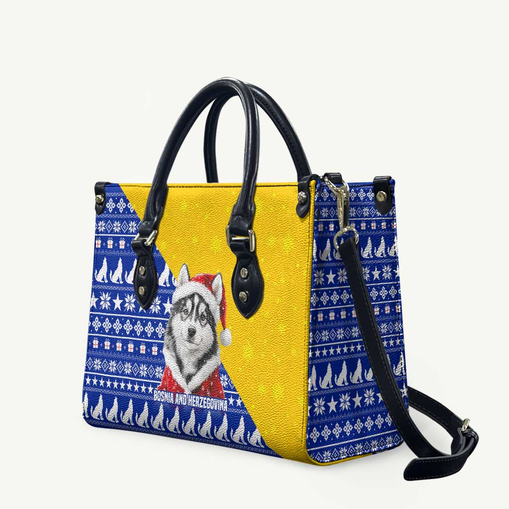Bosnia and Herzegovina Christmas Leather Bag with Husky Dog Santa Hat and Blue Yellow Snowflake Pattern - Wonder Print Shop