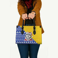 Bosnia and Herzegovina Christmas Leather Bag with Husky Dog Santa Hat and Blue Yellow Snowflake Pattern - Wonder Print Shop