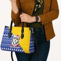 Bosnia and Herzegovina Christmas Leather Bag with Husky Dog Santa Hat and Blue Yellow Snowflake Pattern - Wonder Print Shop