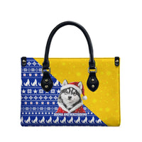 Bosnia and Herzegovina Christmas Leather Bag with Husky Dog Santa Hat and Blue Yellow Snowflake Pattern - Wonder Print Shop
